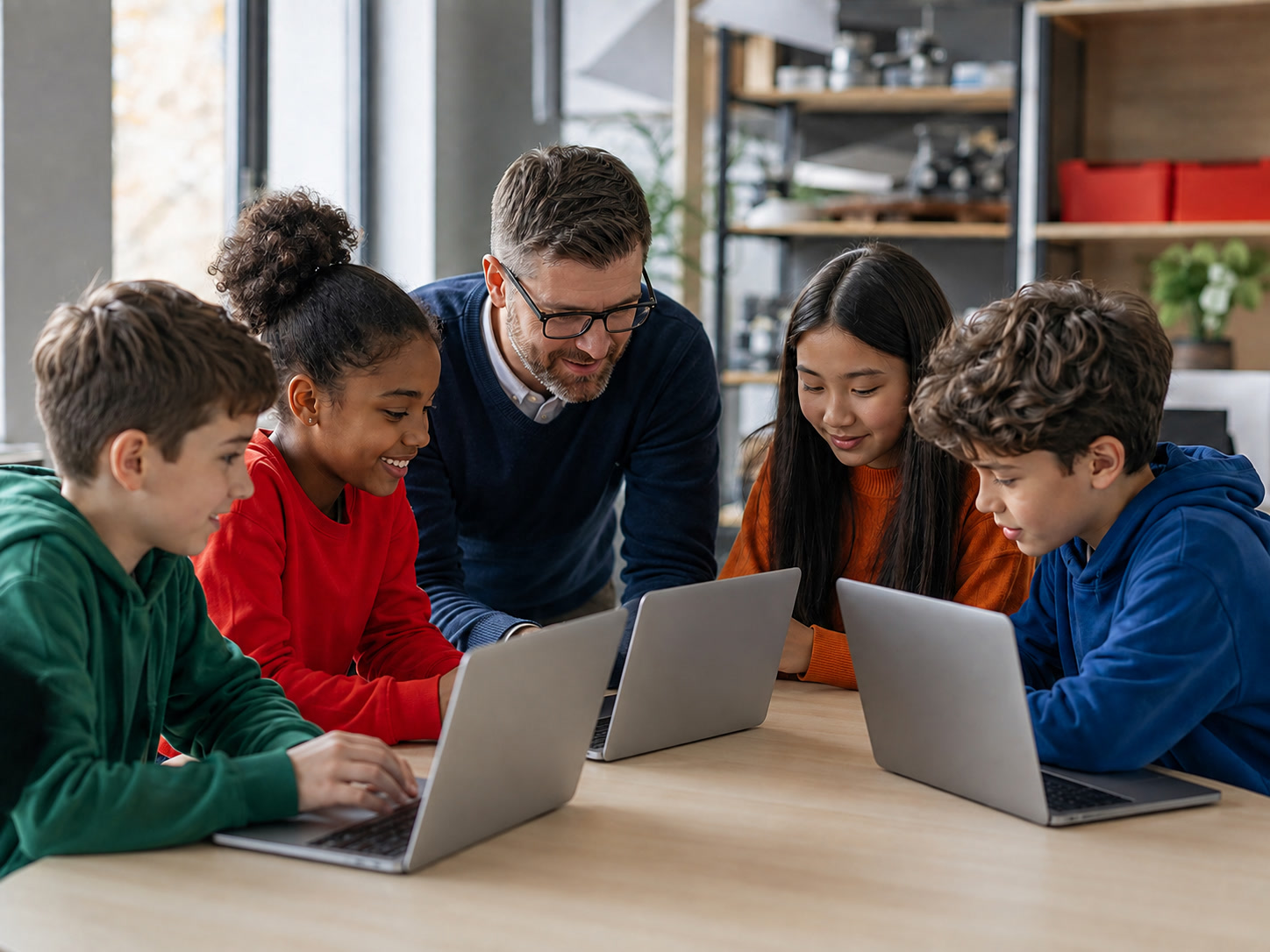 A teacher guiding students through a collaborative laptop activity