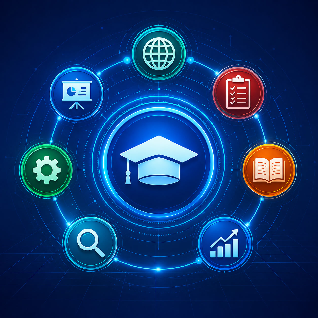 Digital education icons surrounding a graduation symbol