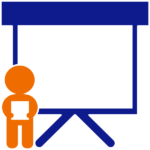 Child in front of a presentation screen. Icon for public speaking lessons.