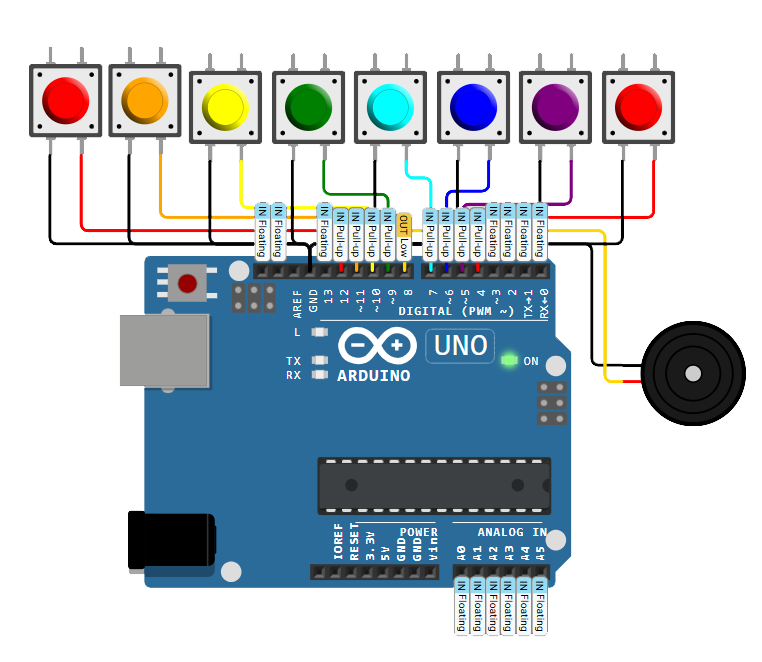 Arduino piano circuit with eight colorful push buttons and a buzzer